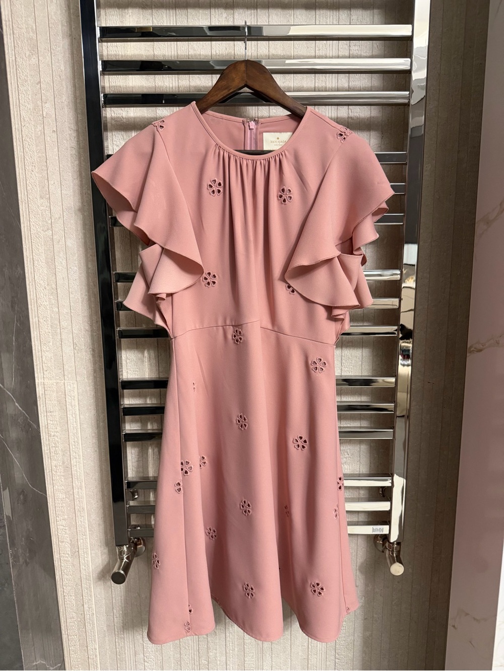 Kate Spade • Cutout Crepe Dress pink eyelet ruffle sleeve flutter Faded Peony